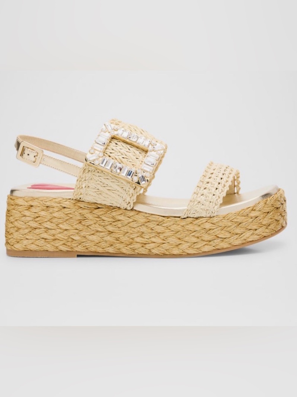 Roger Vivier Raffia Espadrille Sandals with Crystal Buckle - Natural Gold